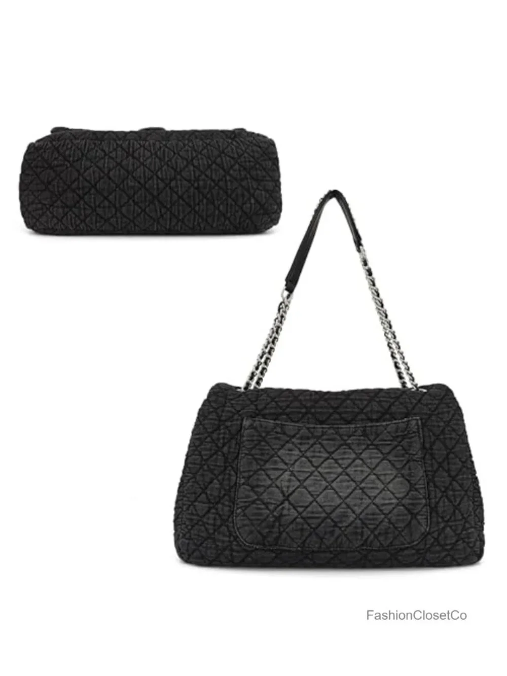 Extra Large Quilted Denim Hobo Bag with Chain Straps and Flap Closure for Travel